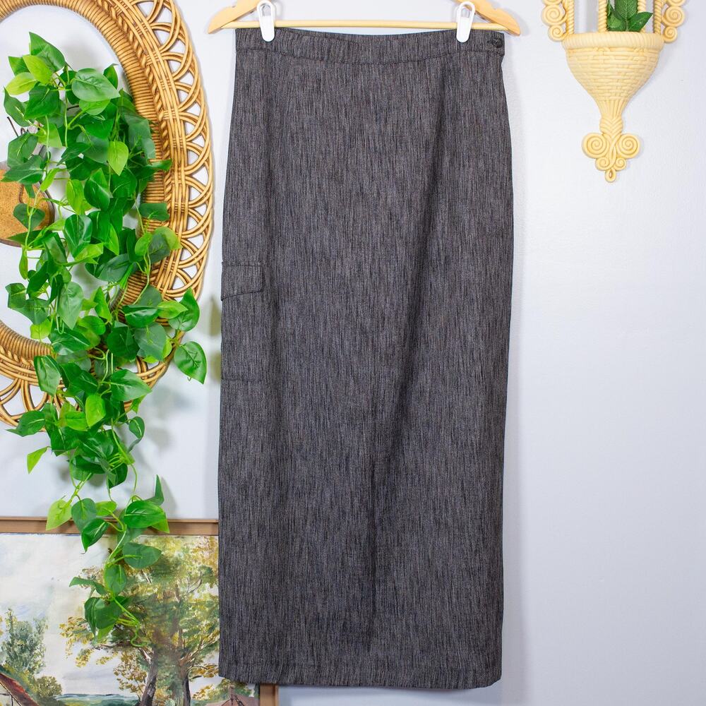 VTG 90s Grunge Alternative Cargo Pocket Charcoal Tweed Maxi Skirt | True Winter